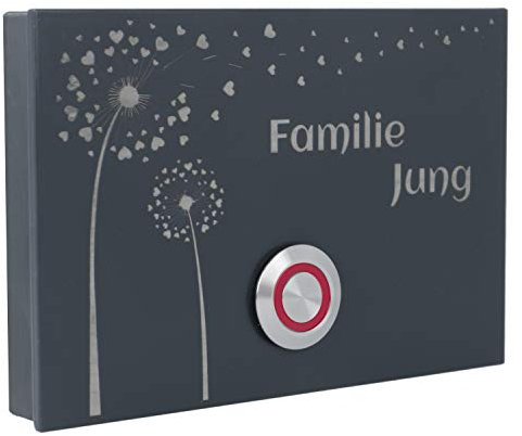 Jung Edelstahl Design Aufputz Türklingel anthrazit London2AG Motiv Pusteblume Haustürklingel anthrazit RAL 7016 pulverbeschichtet. Klingelschild 12x8 cm. Klingeltaster mit verschiedenen LED Farben.