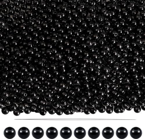 TOAOB 1000pcs Perles de Nacrées Perles de Plastique Rondes Noir Imitation Perles de Spaceur 4mm Avec Aiguilles Perlées pour DIY Artisanat Colliers Bracelets Boucles D'oreilles Fabrication de Bijoux