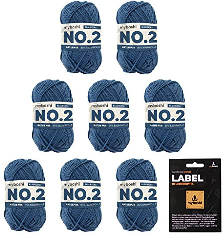 myboshi No.2 inkl. Label, Baumwolle zum Häkeln, Baby Wolle, vegane Wolle zum Stricken, Wolle 60 Grad waschbar, für Baby und Amigurumi, 50g, Ll 100m Blau (Blaubeere), 8 Knäuel
