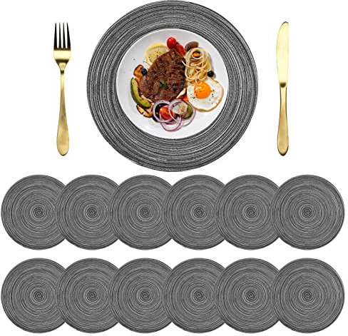 NAKIHOUSE Tischsets Abwaschbar Rund Geflochten Tischset 12er Set, 38cm Rund Platzsets Abwischbar, rutschfest, Hitzebeständig Schmutzabweisend Grau Platzdeckchen für Hochzeit, Restaurant, Küche