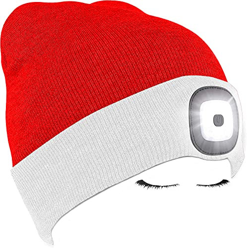 Morye LED Mütze mit Licht, Laufmütze Herren Damen Kappe Lampe USB Nachladbare 4 LED Scheinwerferkappe für Warm Cap mit LED Licht für Jogging,Camping,Angeln,Walking/Weiß/Rot Weihnachten
