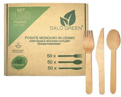 SALO GREEN - Set 150 Posate Monouso Biodegradabili e Compostabili in Legno - Set da 50 Forchette 50 Coltelli 50 Cucchiai - Bio Eco Friendly usa e getta - 150 Pezzi