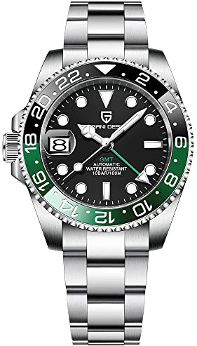 CADISEN Pagani Design GMT Herren-Armbanduhr, mechanisch, vollautomatisch, 40 mm, Datum, 100 m, wasserdicht, Edelstahl, wasserdicht, drehbar, Keramik-Lünette, Sportuhr für Herren