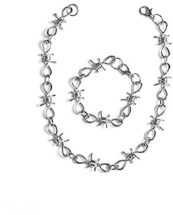 Youyu77 Silver Unisex Metal Gothic Wire Necklace Set Punk Bracelet Thorns Barbed Necklaces & Pendants Stainless Steel Necklaces for Men (B, One Size)
