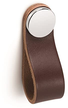Gedotec Möbelknopf aus Vollmetall und Leder | 1 Stk Türknopf für Schränke - Chrom poliert - Braun inkl. Befestigungsmaterial | FLEXA 0404 | LA: 128 mm | Knöpfe für Küchenschränke Schrankknöpfe