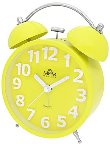 MPM Quality Design Metallwecker in trendigen Farben, Gelb, 3D-Zifferblatt, Quarz-Uhrwerk Sweep, LED Lichtfunktion, Analog, Klassisches Klingeln, weckt selbst die größten Schläfer, 155 x 110 x 55 mm