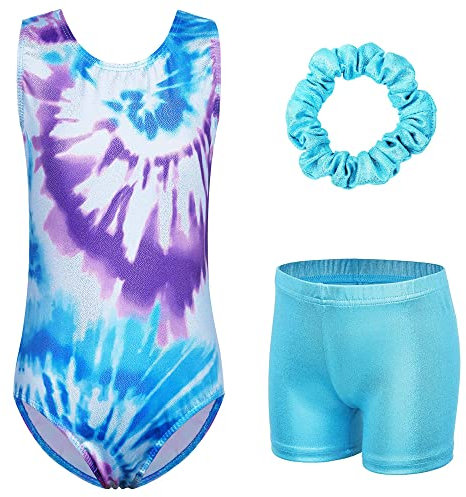 XFGIRLS Gymnastikanzug für Mädchen, ärmellos, glitzernd, Ballett, Tanz, Turnanzug, athletische Shorts für Mädchen, 3–14 Jahre, Blau gebunden, 9-10 Years