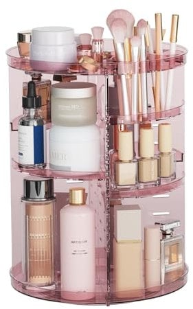 Rotating Makeup Organiser, 8 Adjustable Levels, 360 Degree Rotating Skincare Organiser, Makeup Storage, Carousel Tower with Brush Holder and Perfume Trays, Cosmetic Display Case for