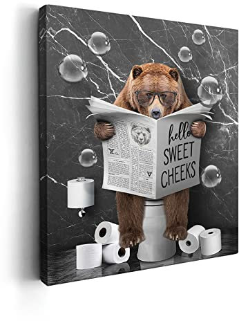 Kasluolo Lustiger Bär sitzt auf Toilette, Wandkunst, Badezimmer, Bär, Wanddekoration, schwarz-weiß, Tier, Badezimmer, lustige Bilder, Bauernhaus-Bär, Wanddekoration für Toilette, Badezimmer, gerahmtes