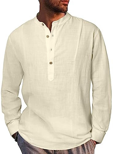 LVCBL Mens Long Sleeve Shirts Linen Casual Summer Beach Henley Loose Fit Shirts Begie 2XL