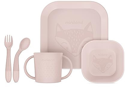 Miniland Meal Set Square Candy. Vajilla cuadrada que incluye plato, bol, vaso y cubiertos flexibles, fabricada en España con material de alta resistencia y diseñada para todos los niños.