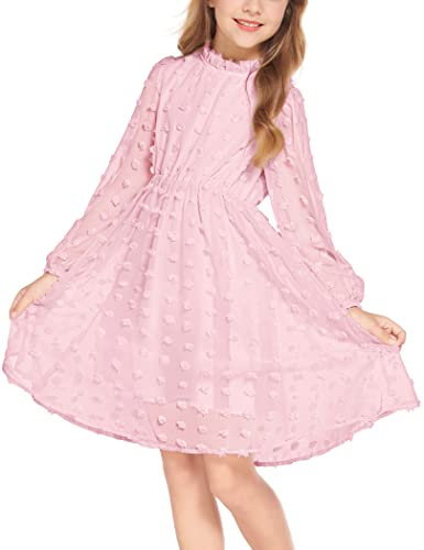 Arshiner Robes Filles élégantes Col à Volants Robe décontractée Robe à Manches Longues Robe de soirée Mariage de fête Robe trapèze décontractée pour Les Filles Rose 150