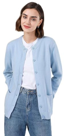 SMILING PINKER Cardigan boutonné à col Rond en Tricot côtelé avec Poches pour Femme
