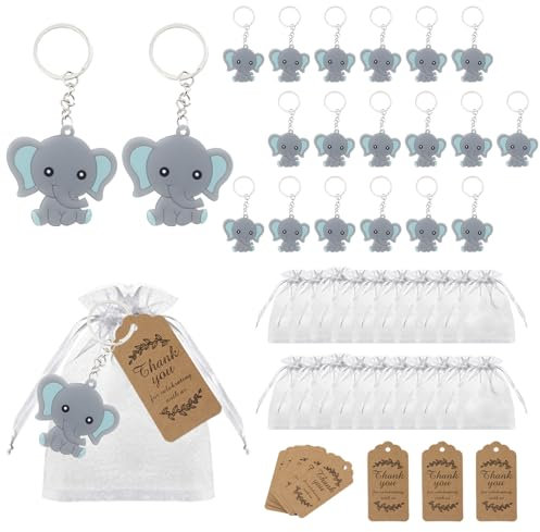 Pilikoll 20 Stücke Gastgeschenke Taufe Elefanten Schlüsselanhänger mit weiße Organza Taschen und Kraft Tags Tier Anhänger Thank You Danke Geschenke für Boy Girl Kid Birthday Party Supply