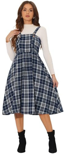 Allegra K Salopette À Carreaux pour Femme Halloween Costume Vintage sans Manches A-Line Robe Chasuble Jupe Jarretelle Bleu Foncé Blanc M