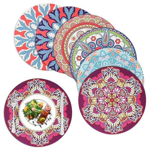 fanquare Placemats and Coasters Set of 6, Round Mandala Place Mats, Heat Insulation Placemats Washable Non-slip Rubber Table Mats for Dinner Table Kitchen