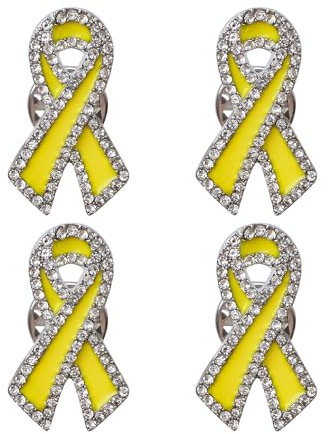 WANDIC Lot de 4 Broches en Forme de Ruban Jaune avec Strass pour la Sensibilisation au Cancer des os avec boîte Cadeau, Métal