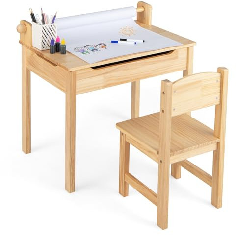 DREAMADE Schreibtisch Kinder mit Stuhl, Schülerschreibtisch aus Holz, Jugendschreibtisch, Kindertisch, Kinderschreibtisch mit Papierrollenhalter & Stauraum, Papierrolle und Markern inkl. (Natur)