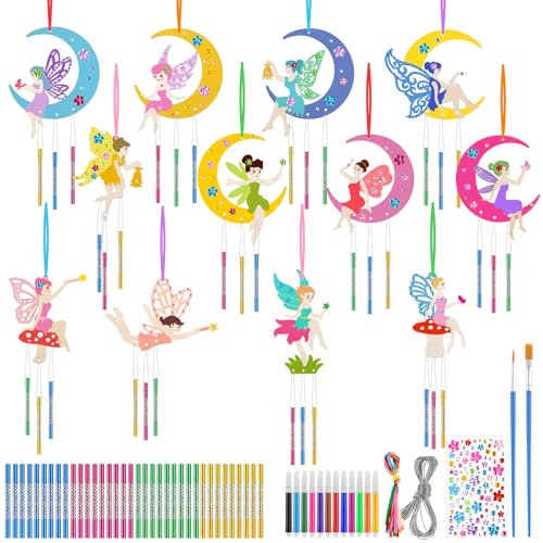 WuGU Windspiel Bastelset Kinder, 12 Stück Fee Windspiel Holz Basteln, Klangspiel Bemalen Basteln Handwerk, Feen Geburtstag Deko, Kreativ Bastelsets für Kinder, DIY Basteln Mädchen 3 4 5 6 7 8 9 Jahre