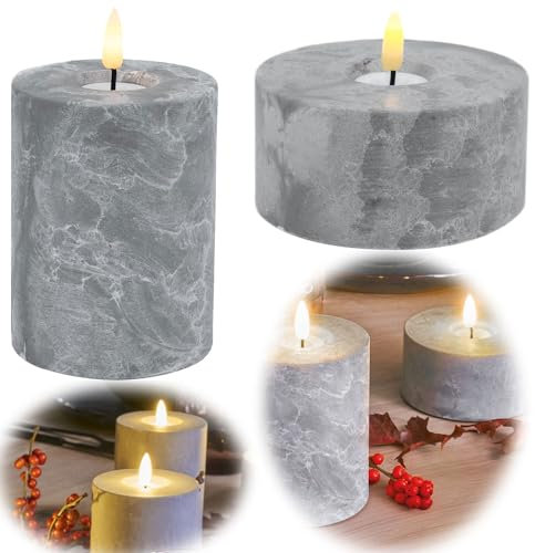 LS-LebenStil 3D LED Stumpenkerze Beton-Optik 10x8cm Hoch flackernde Kerzen Timer bewegliche Flamme