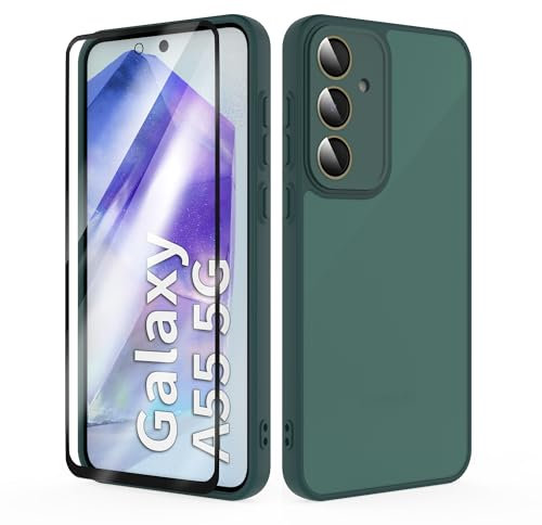 SMYTU Cover per Samsung Galaxy A55 5G 6,6 Pollici con Vetro Temperato,Custodia Opaca Hard PC Glassata Traslucida Retro Resistente ai Graffi Silicone Antiurto Protettiva Case - Verde scuro
