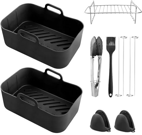 Silicon Reusable Air Fryer Liners for Ninja AF451UK AF400UK AF500UK| 6 PC Ninja Air Fryer Dual Accessories, Racks, Tong & Silicon Mitts | Compatible with Ninja, Salter, Tower