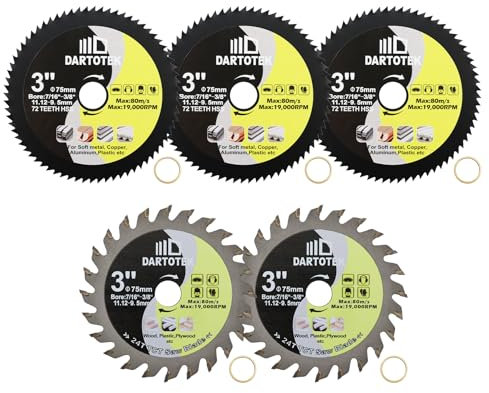 DARTOTEK Circular Saw Blade 2-Inch/75MM Wood Metal Cutting Disc with 11.12mm/9.5mm for Cutting Wood with Nail,Metal Sheet,Plastic,Aluminium,Copper,Fibreglass on Mini Angle Grinder(5 of Pack)