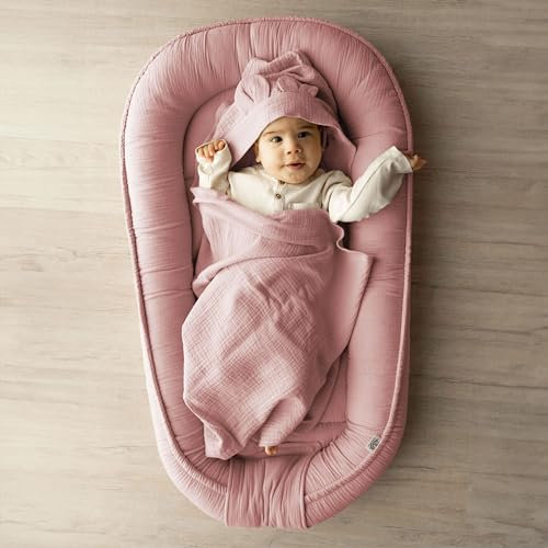PaLulli Babynest aus 100% Musselin Baumwolle Premium Kuschelnest Babynestchen 100x60cm Klettverschluss-Klappe Nestchen Wickelauflage Kuschelbett Kokon für Babybett Babys & Säuglinge (schmutziges Rosa)