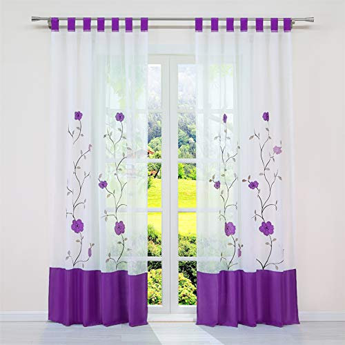 SCHOAL Transparente Gardinen mit Schlaufen Vorhang Voile Schlaufenschal Bestickt Wohnzimmer Blumen Muster BxH 140x175cm 1 Stück Violett