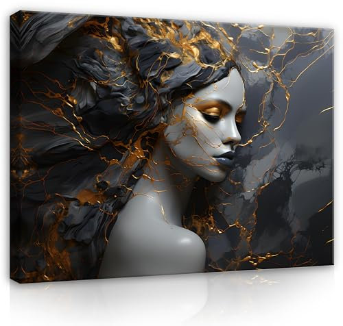 WallArena - Leinwand Bilder - Frau Abstrakt Marmor Gold Schwarz - 100x75 cm Leinwandbilder - Bild auf leinwand - Wandbild XXL groß Wandbilder für Wohnzimmer Schlafzimmer Wohnzimmerbilder Modern