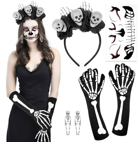 HOWAF Halloween Kostüm Dia De Los Muertos Haarreif, Halloween Haarreif Blumen Rose Tag Der Toten Haarreif, Halloween Tattoo Gesicht, Skelett Handschuhe Skelett Ohrringe für Dia De Los Muertos Kostüm