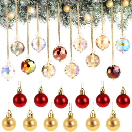 22mm Christmas Tree Crystal Balls 12Pcs Yomaido Glass Xmas Baubles of Rainbow Prism with 12Pcs Christmas Baubles in Gold, Red for Xmas Tree Hanging Decorations