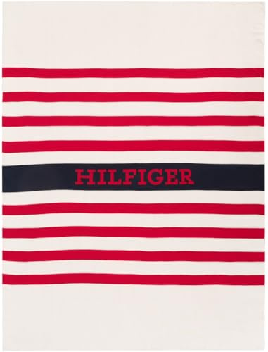 Tommy Hilfiger - Überwurf, Offwhite, Maschenware, 100% Bio-Baumwolle, Streifen und Hilfiger-Logo, grafisch und ikonisch, 130 x 170 cm