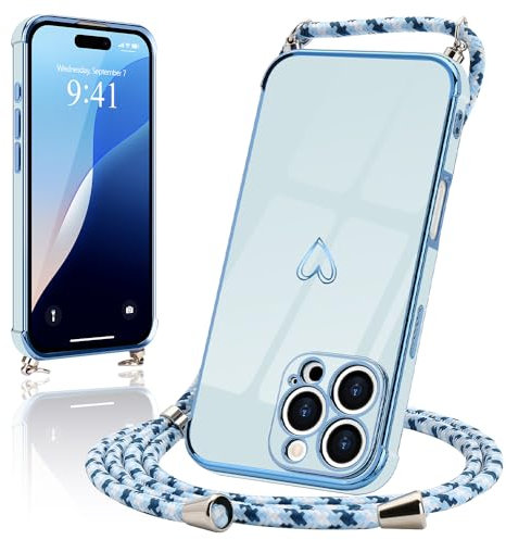 Micoden Handykette kompatibel mit iPhone 16 Pro 6.3 Hülle Necklace Handyhülle mit Band, Kameraschutz Herz Love Design Galvanik Silikon Case Bumper Kordel zum Umhängen Stoßfeste Schutzhülle,Blau