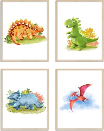 WIETRE® 4er Set Bilder Dinosaurier Kinderzimmer Babyzimmer Deko | Bild Junge Mädchen Poster DIN A3 XXL | Dinos T-Rex Tiere (ohne Rahmen)
