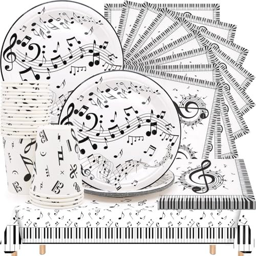 Huaxintoys Fournitures de Fête D'anniversaire de Musique, 61 Pièces Décoration de Fête de Notes de Musique Comprendre Assiette,Gobelets en Carton,Serviette et Nappes pour Musique Thème Anniversaire