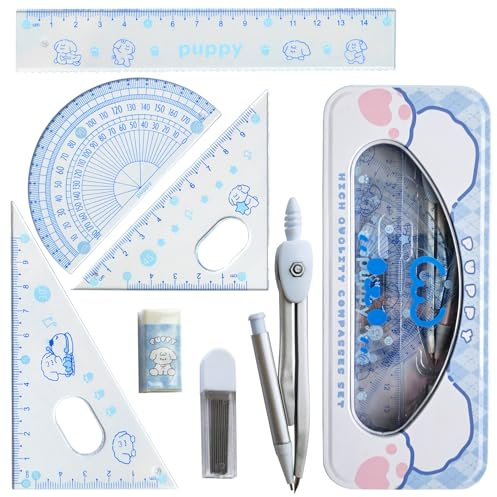 DY.2ten Set Geometria per Studenti, Geometry Compasso Set, Math Geometry Kit, Goniometro, Compasso,Righelli, con Scatola Infrangibili, Squadrette da Disegno 45 e 60, Elementare, 7 Pezzi