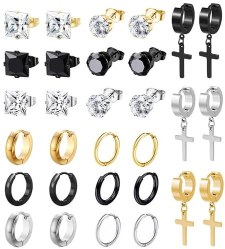 BVLAGIDA 15 Paires Boucle d'Oreille Homme, Boucle d'Oreille Acier Inoxydable, Noir Argent Or Clous d'Oreilles, Boucles d'Oreilles Créole, Boucle d'Oreille Zircon pour Homme Femme