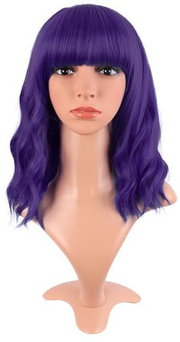 MapofBeauty 14 Zoll/35 cm Kurze Gewellte Lockige Frauen Frische Helle Synthetische Gewöhnliche Flache Pony Bob Perücke (Dunkel Lila)