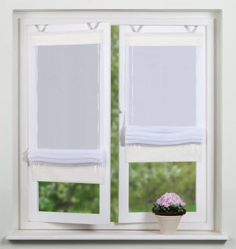 Raffrollo Gardine Raffgardine Bändchenrollo Vorhang Voile OHNE Haken für Fenster in Weiss transparent 1 Stück BxH 80 x 140 cm