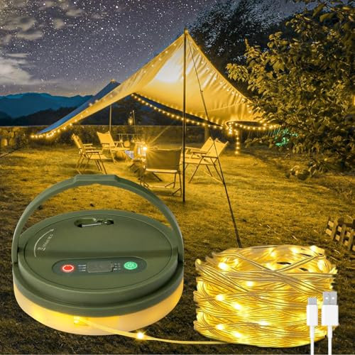 Bowfar Camping Lichterkette Aufrollbar, 10M 130 LED Lichterkette Außen mit USB Wiederaufladbare, 2-in-1 Alpenwolken Tragbare Campinglampe Taschenlampe für Camping Zelt Wandern Hof