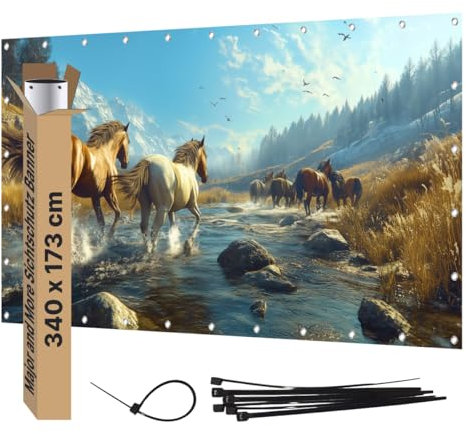Major and More Sichtschutz Banner PVC Garten Dekoration Plane groß mit Motiv blickdichter Motivbanner für Terrasse Zaun Gartenzaun Zaunblende Gartenposter (340x173 cm, Pferde)