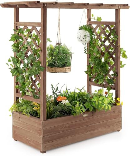 FANTASK Jardinera elevada con Enrejado y Techo Colgante, Jardinera con Soporte para Enredaderas, Jardinera para Plantas trepadoras y cestas Colgantes, Color marrón