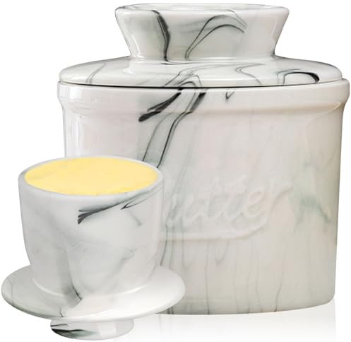 Lighterday Beurrier en céramique - En porcelaine - Avec couvercle - Avec couvercle - Beurrier avec refroidissement à eau - Beurrier pour des buttes douces (rayures blanches et noires, 10 cm)