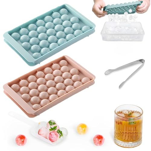 2 Ice Cube Trays + 1 Stainless Steel Ice Tongs – Round Ice Maker Set for Cocktails, Whiskey, Beverages, Perfect for Home, Bar, Party (Pink & Blue)