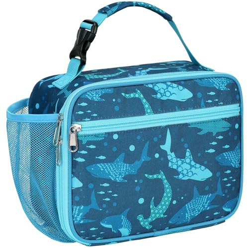 Bagseri Kids Lunch Bag for Boys- Insulated Kids Lunch Box for School | Water Bottle Pocket, Leak-Proof, Clip-on Handle, Kids Cool Bag for Packed Lunches, Picnics, Days out, Blue Shark