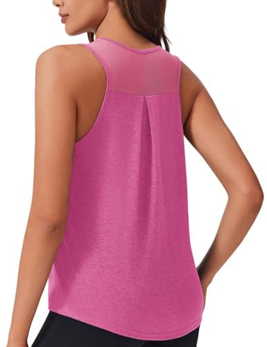 PINSPARK Damen Sport Tank Top Yoga Fitness Sporttop Ärmelloses Racerback Atmungsaktiv Sportshirt Mesh Zurück Gym Oberteile Sommer Running Tops Rundhals Tanktops Rosa XL