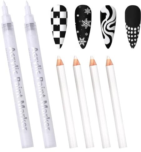 Quick Dry Fine Tips Nail Art Pens, 2 Pcs Nail Varnish Pens, with Drill Pen for DIY Nail Art Dot and Line Art (White)