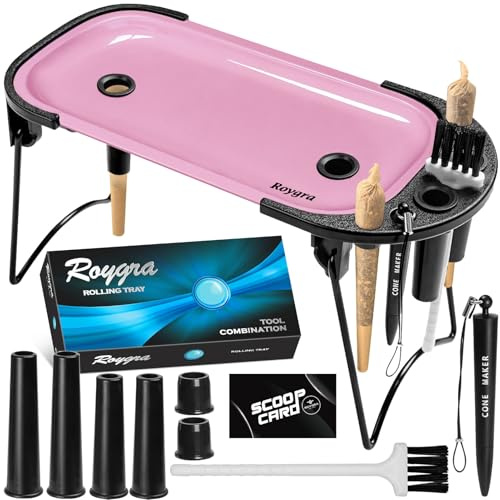 roygra Foldable Rolling Tray Set with Cone Loader, Cone Filler Roller - Pre Roll Machine, Metal Rolling Machines for King Size, 1-1/4 Size or 70mm Cones, Smoking Accessories, 9 x 4 inch - Pink