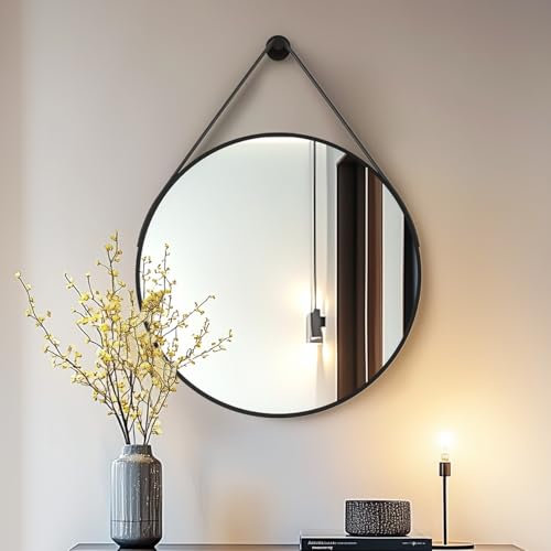 Artloge Spiegel Rund 70 cm Schwarz: großer Wandspiegel mit Metallrahmen, Hängespiegel mit Schwarz Lederband, für Badezimmer, Wohnzimmer, Schlafzimmer, Flur
